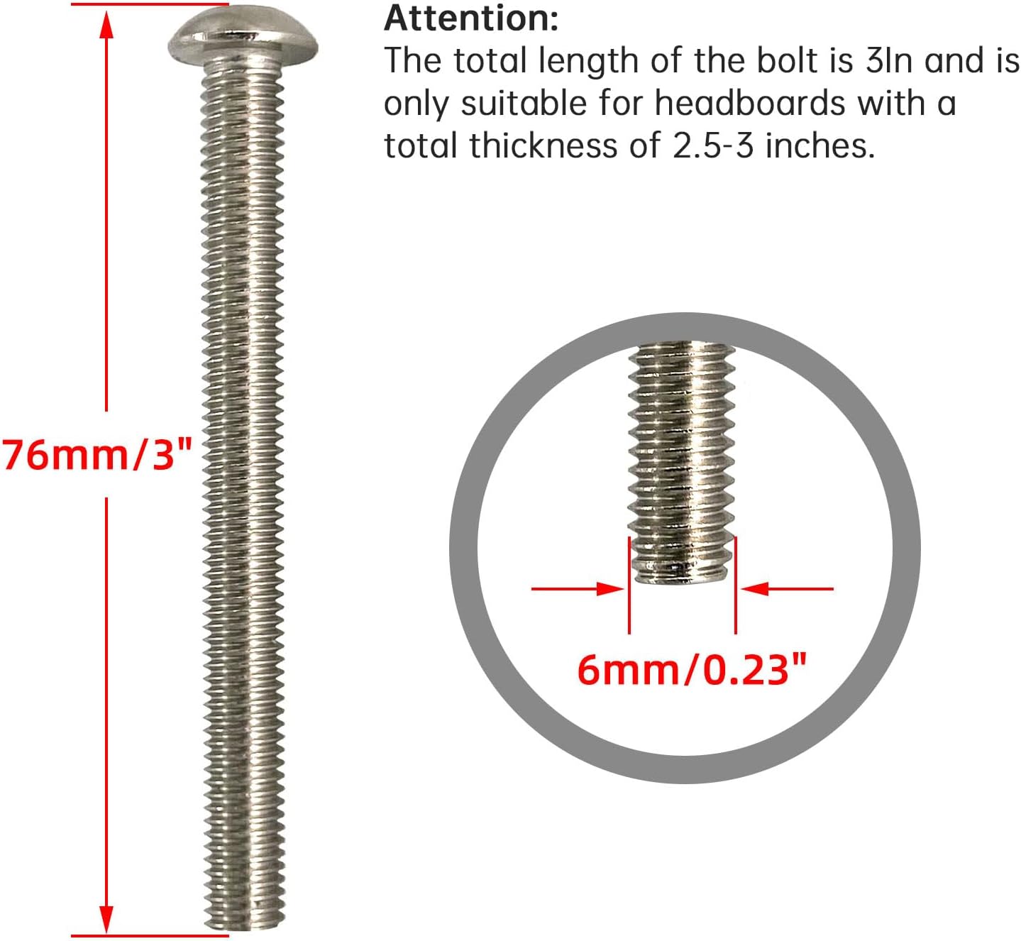 Universal Headboard & Footboard Hardware Kit - 304 Stainless Steel Nuts & Bolts for Bed Frame, Headboard & Footboard（The Total Length of The Bolt is 3 inches）