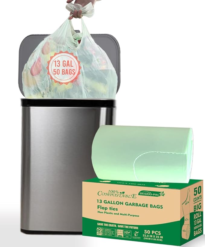 13 Gallon Flap Tie Compostable Trash Bags, Compost Bags Tall Kitchen Trash Bags by BEIDOU-PAC