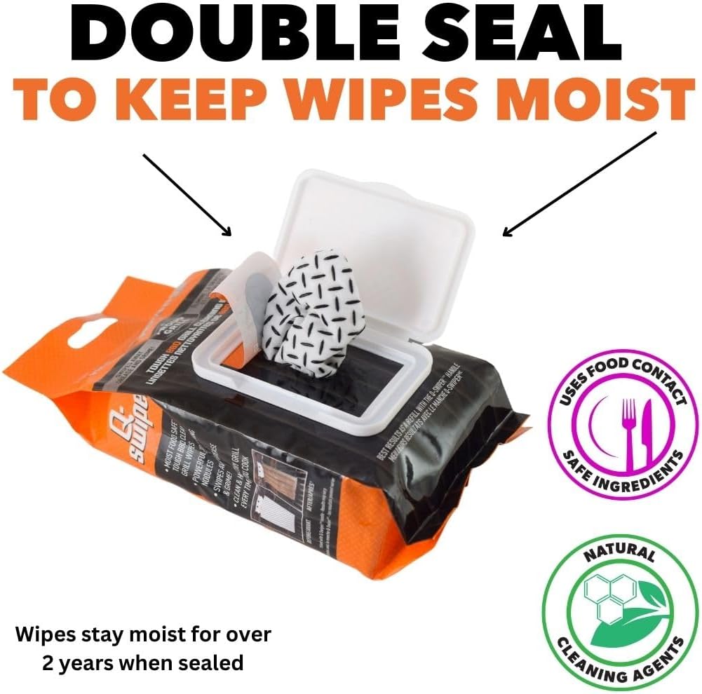Proud Grill Q-Swiper Easy-Clean Moist, Tough BBQ Grill Cleaning Wipes, 80ct | Bristle-Free BBQ Cleaner, Heavy-Duty Thick Degreaser Wipes, Grease & Grime Remover for Outdoor Barbecue Grills, Disposable