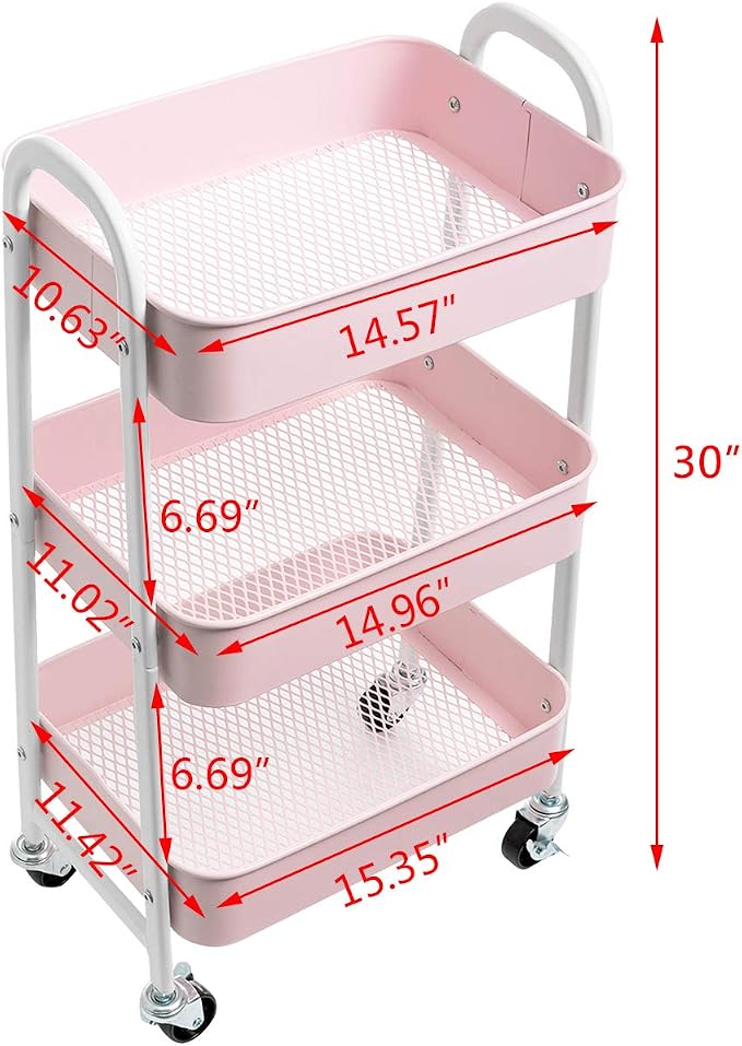AGTEK Makeup Cart, Movable Rolling Organizer Cart, 3 Tier Metal Utility Cart - Image 3