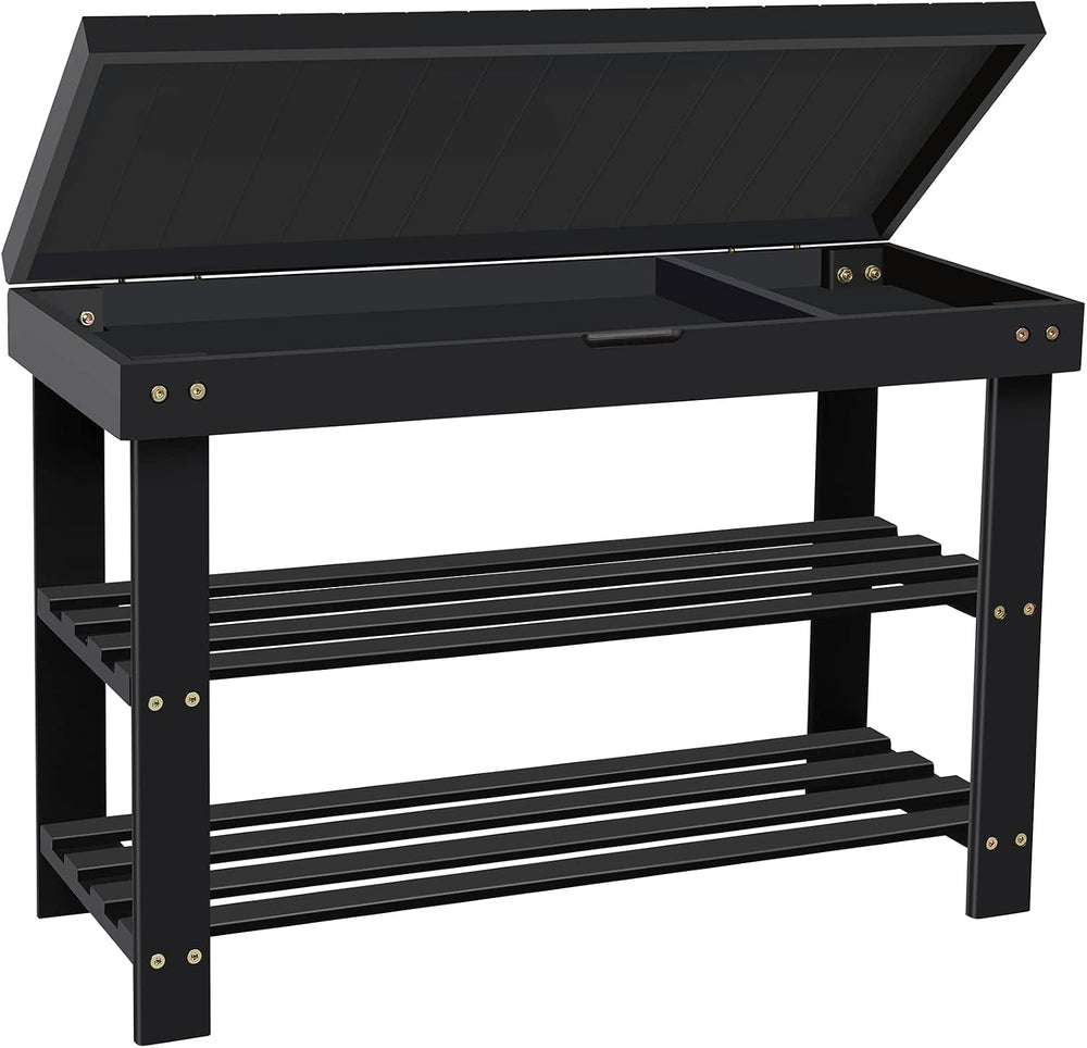 3-Tier Bamboo Shoe Rack Bench, Entryway Bench with Storage Drawer, Black