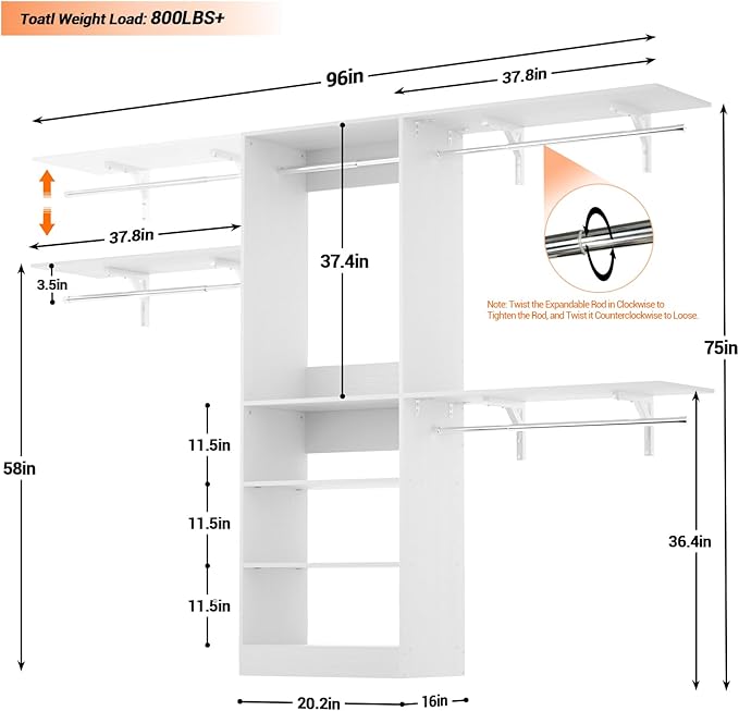 8FT Closet System with Shelves, Wall Mount Bedroom Wardrobe Walk-in Closet - Image 7