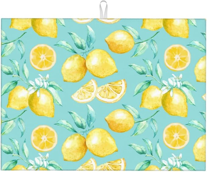 Spring Yellow Lemon Teal Background Microfiber Dish Drying Mat by GOCGRVOfficialOnline