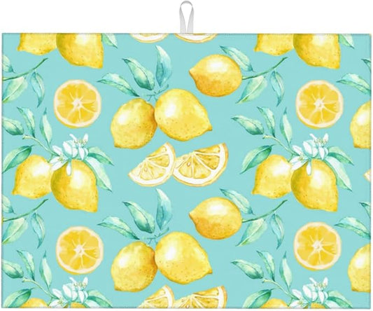 Spring Yellow Lemon Teal Background Microfiber Dish Drying Mat by GOCGRVOfficialOnline