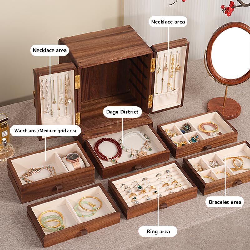 Wooden Jewelry Box for Women Girls, Large Walnut Wood Organizer