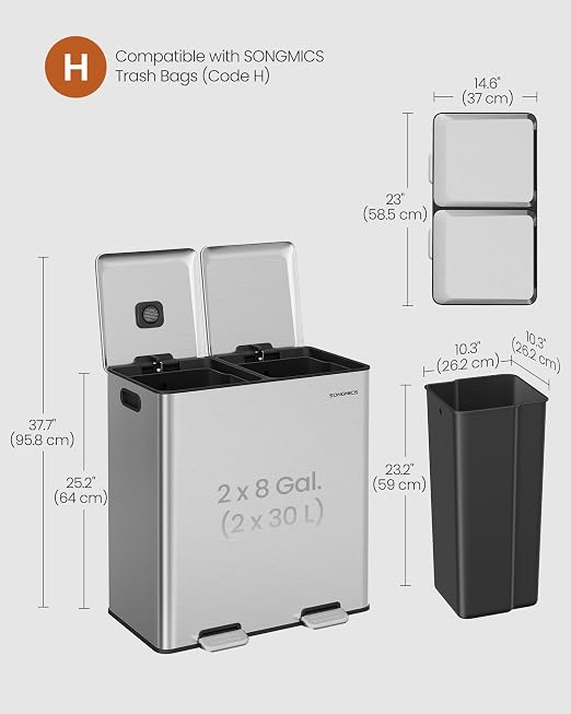 SONGMICS Trash Can, 2 x 8 Gallon Double Garbage Can - Image 6