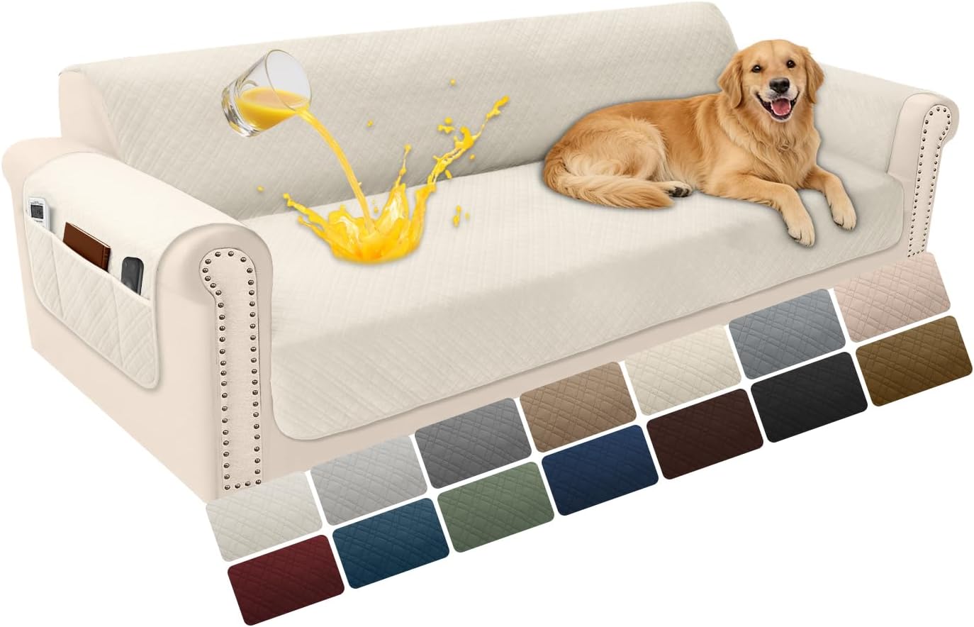Velvet 100% Waterproof Couch Cover for Dogs Washable Sofa Covers for 3 Cushion Couch Pet Friendly Oversized Sofa Slipcovers Non Slip Furniture Protector with Pockets (XX-Large, Light Beige)