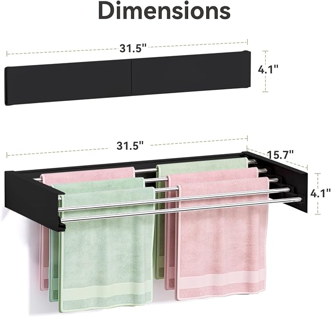 Wall Mounted Clothes Drying Rack, 5 Aluminum Rods, Collapsible, 32 inches - Image 2
