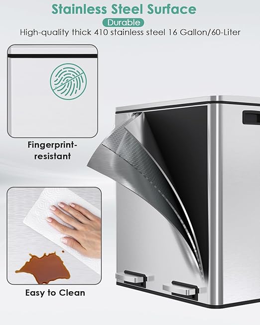 AthLike 60L Dual Trash Can, Stainless Steel Kitchen Garbage Can, Double - Image 4