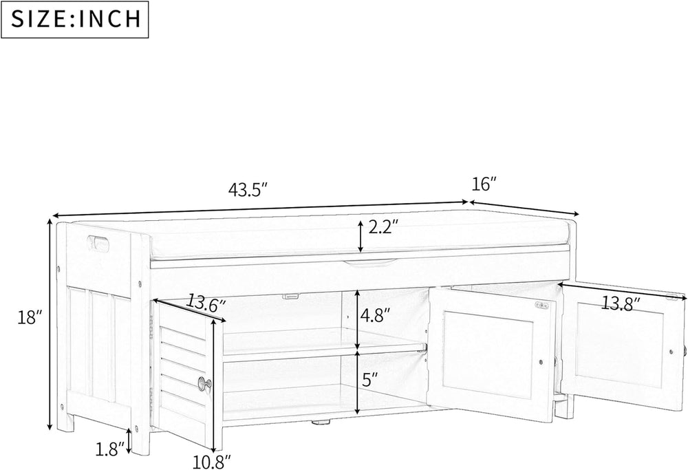 Shoe Storage Bench with 3 Shutter-Shaped Doors, Pine Wood Shoe Bench with Rem...