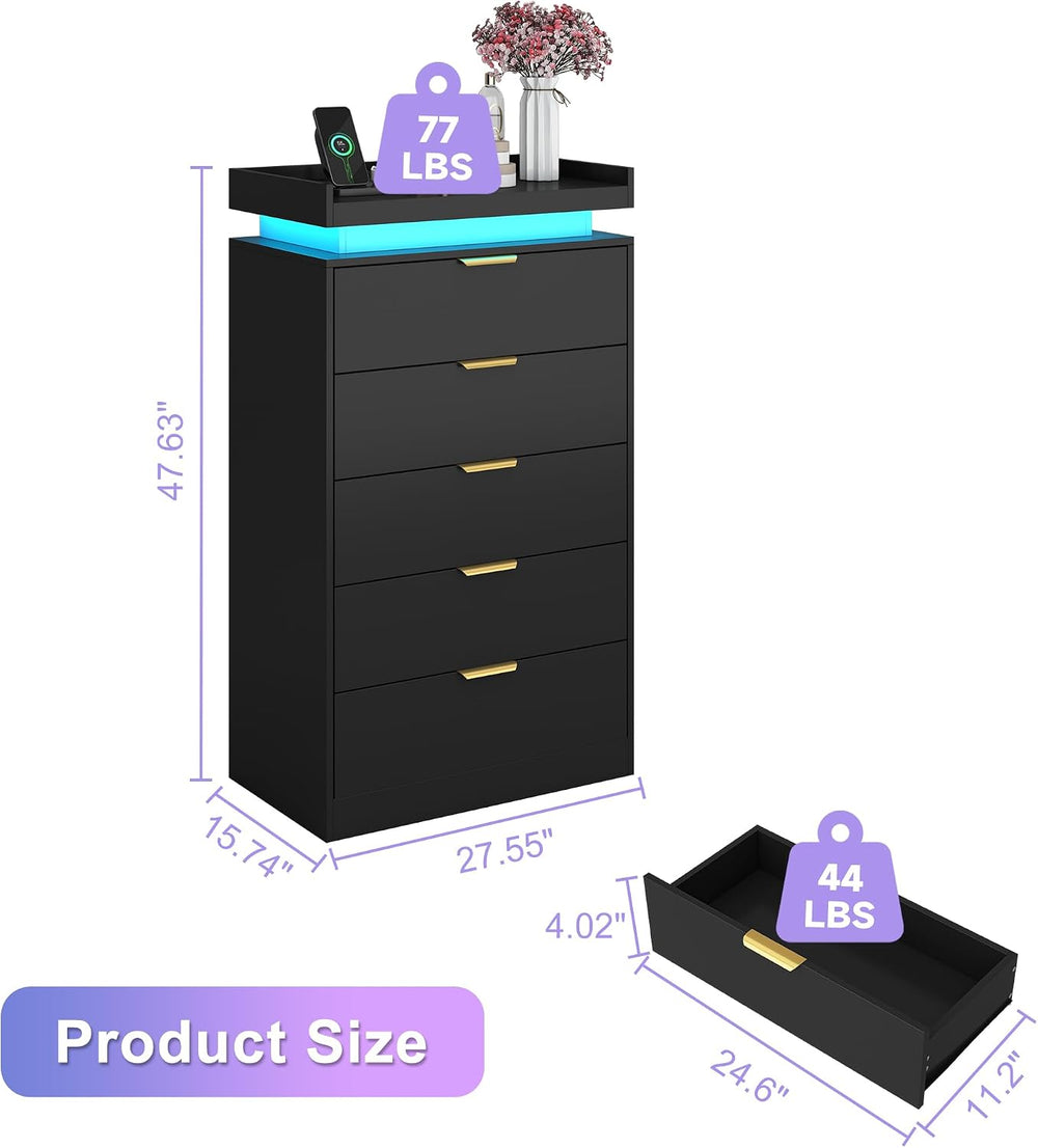 UNIQUITE Tall Dresser for Bedroom, Black Dresser with LED Lights, Wood 5 Draw...