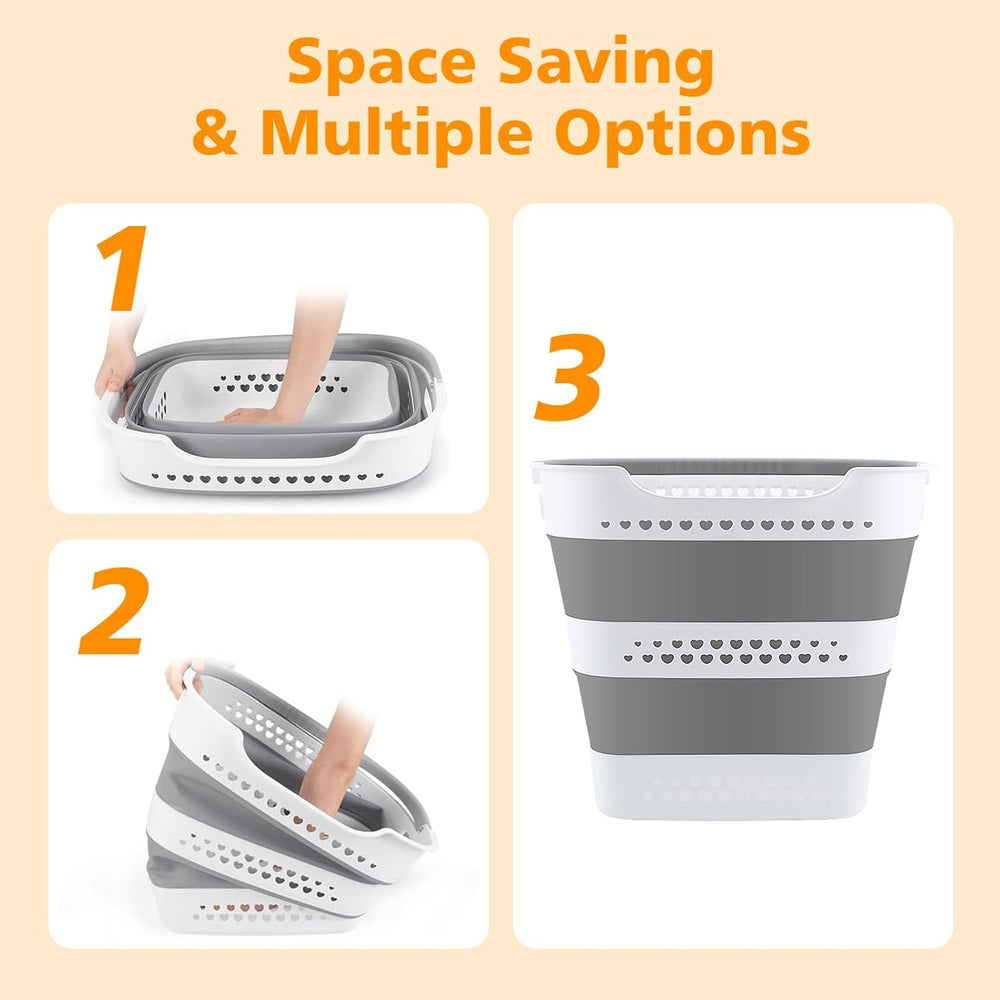 2 Pcs 42L Medium Collapsible Plastic Laundry Basket with Handles, Foldable La...