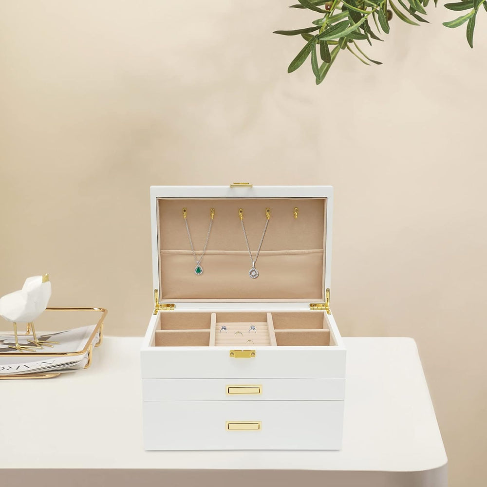 3 Layers Jewelry Storage Box with 2 Drawers, Large Wooden Jewelry Box for Wom...