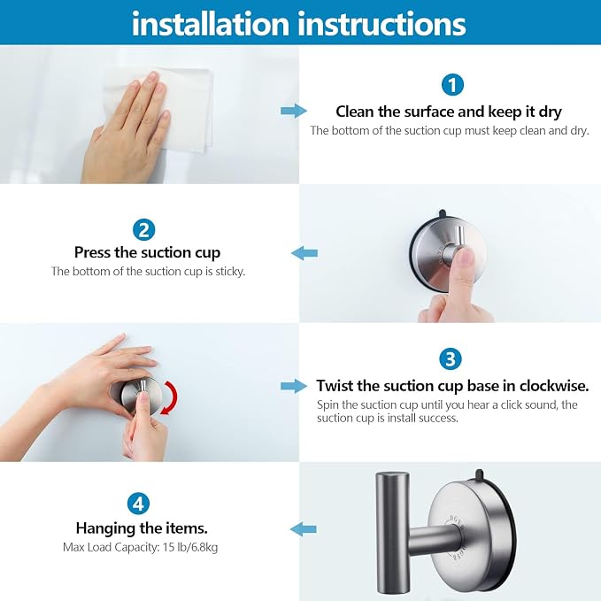 DGYB Large Suction Cup Hooks for Shower Set of 2 Brushed Nickel Towel Hooks for - Image 6