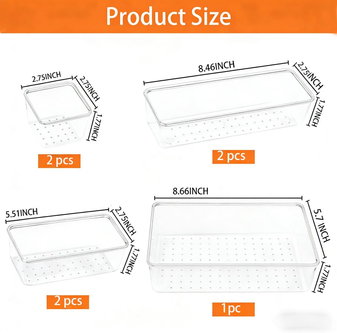 Esdabem 7 Pcs Clear Plastic Drawer Organizers Set Vanity Organizer Trays 4 Sizes Desk Drawer Divider Organizers for Makeup, Gadgets for Kitchen, Bathroom