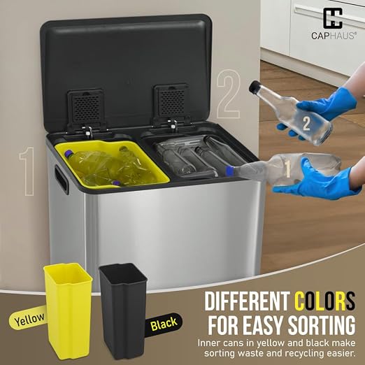 CAPHAUS Black Dual Trash Can w/Single Lid, Trash & Recycle Bins Combo, - Image 6