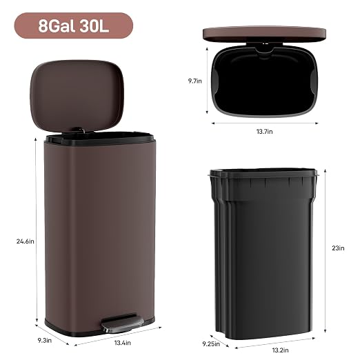 Arlopu 8 Gallon Step Trash Can, Stainless Steel Garbage Bin, Soft-Close Rubbish - Image 2