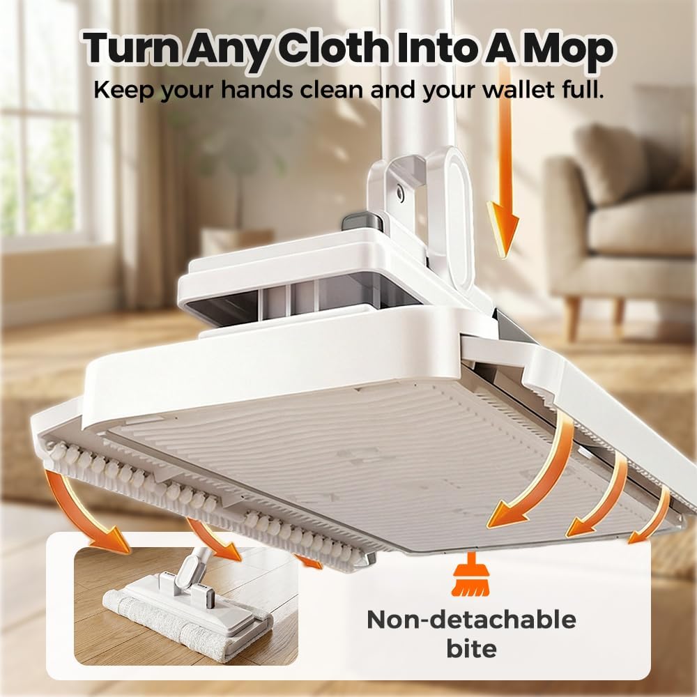 Hands-Free Multi-Purpose Flat Mop, Long Handle Hands Free Flat Mop One Click Convenient Cloth Changing MiniMops, Disposable Dust Snap Mops Grip Zero Touch Mops for Multi Surface Cleaning (37.4 in)