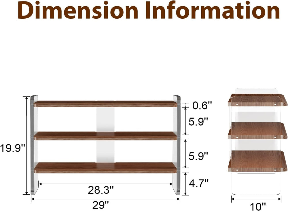 3-Tier Shoe Rack, Wood Acrylic Shoe Shelf, Walnut, 29" W