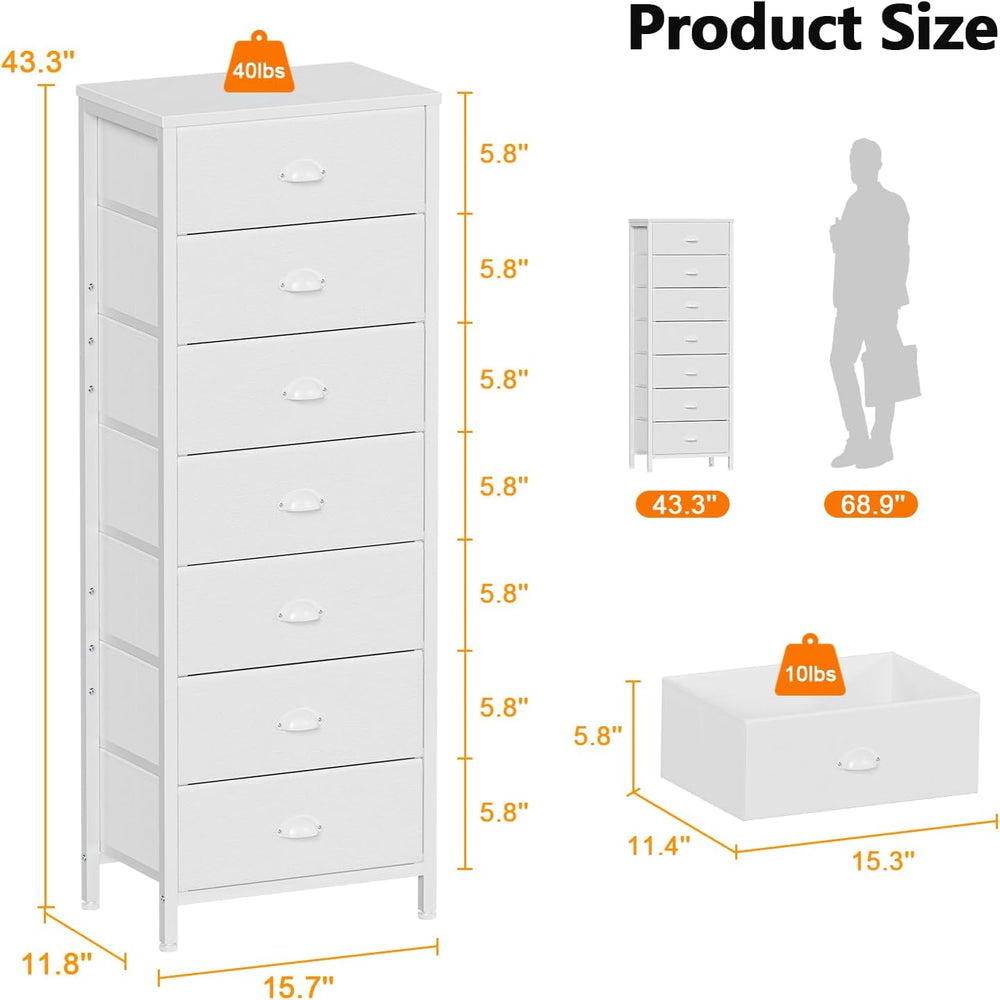 Furnulem White Tall Dresser for Bedroom, Chest of Drawer with Fabric Drawer