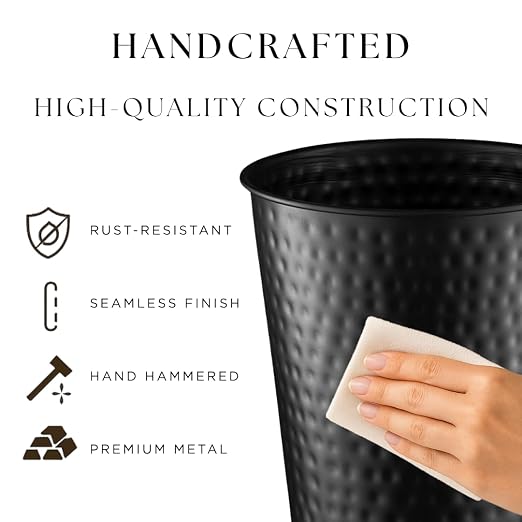 Monarch Abode Black Hand Hammered Metal Wastebasket - Image 3