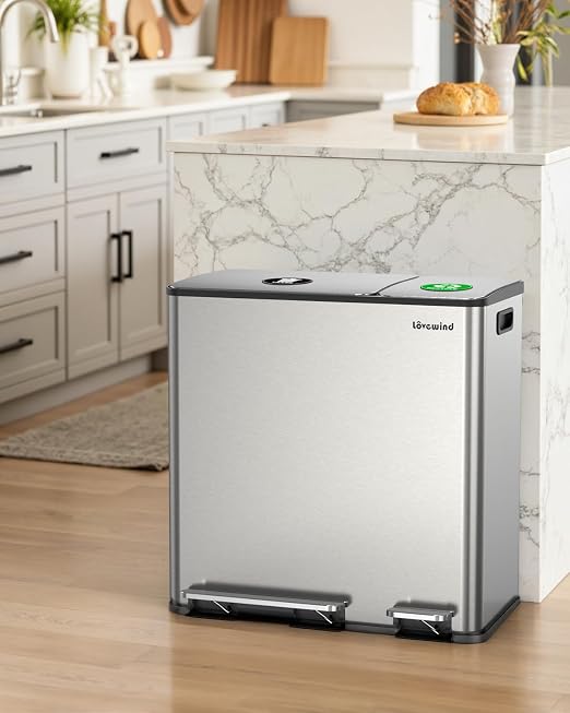 Dual Trash and Recycling Bins for Kitchen, 13.2 + 5.2 Gal Stainless Steel Trash - Image 7