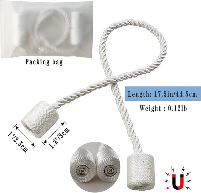 Magnetic Curtain Tiebacks 4 Pack White Curtain Rope Tieback Curtain Holders - Image 2