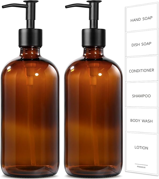GMISUN Amber Glass Soap Dispenser, 2 Pack Bathroom Hand Soap Dispensers by GMISUN
