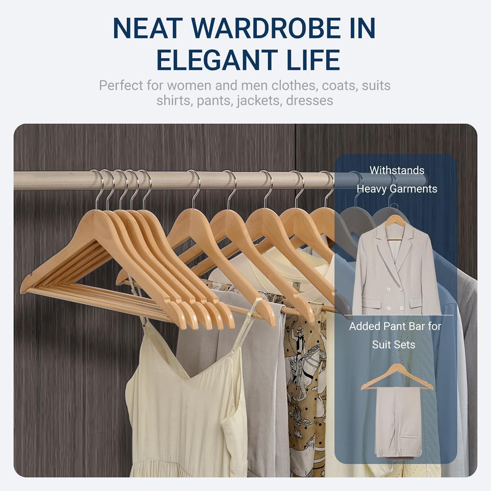 Amber Home 30 Pack Natural Wooden Coat Hangers, Wood Suit Hangers