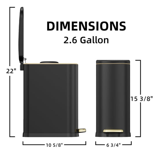 2.6 Gal Bathroom Trash Can with Soft Close Stay Open Lid, Small Rectangular 10L Stainless Steel Waste bin for Narrow Space, Waterproof, Matte Black