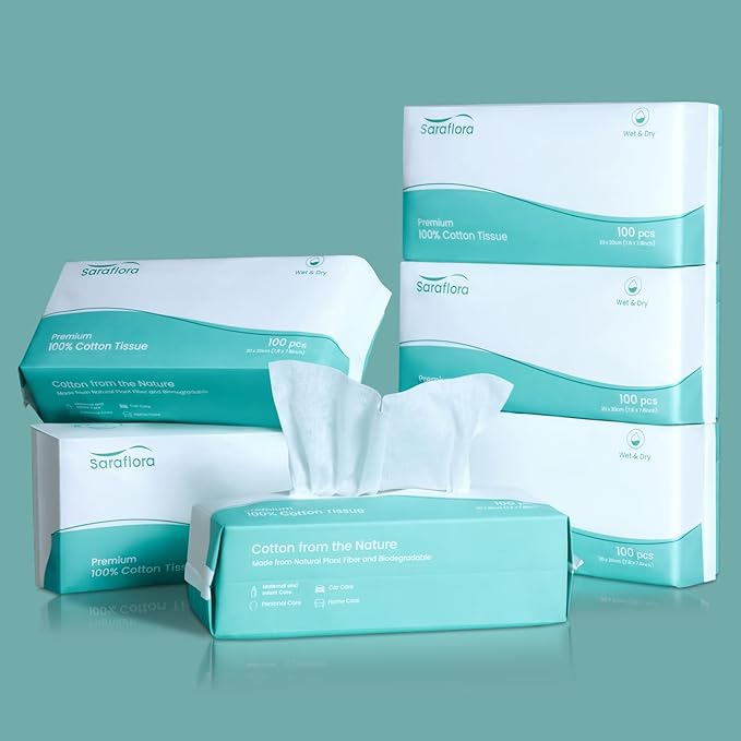 Saraflora 100% Cotton Facial Tissue Soft Dry Wipe 6 Pack, Use - Image 6