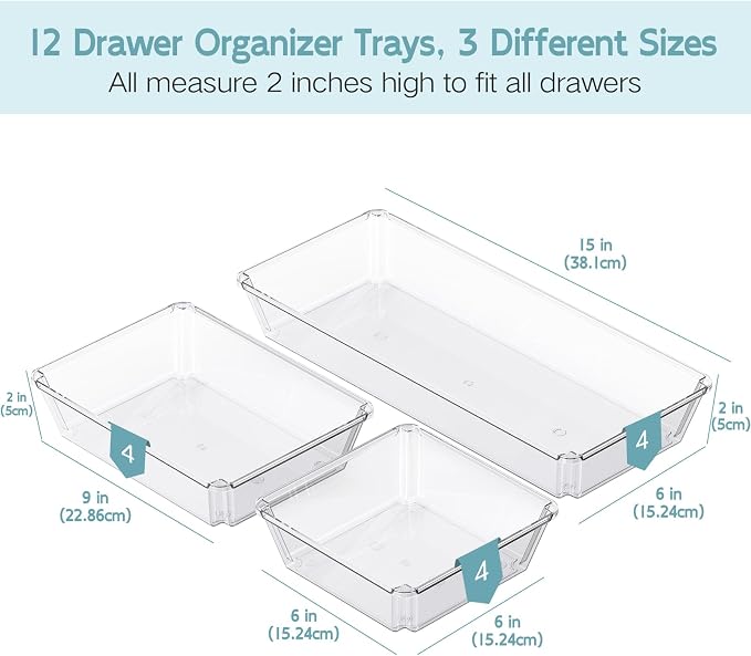 12 Pack Large Clear Plastic Drawer Organizer Trays, Desk Drawer Organizers and - Image 2
