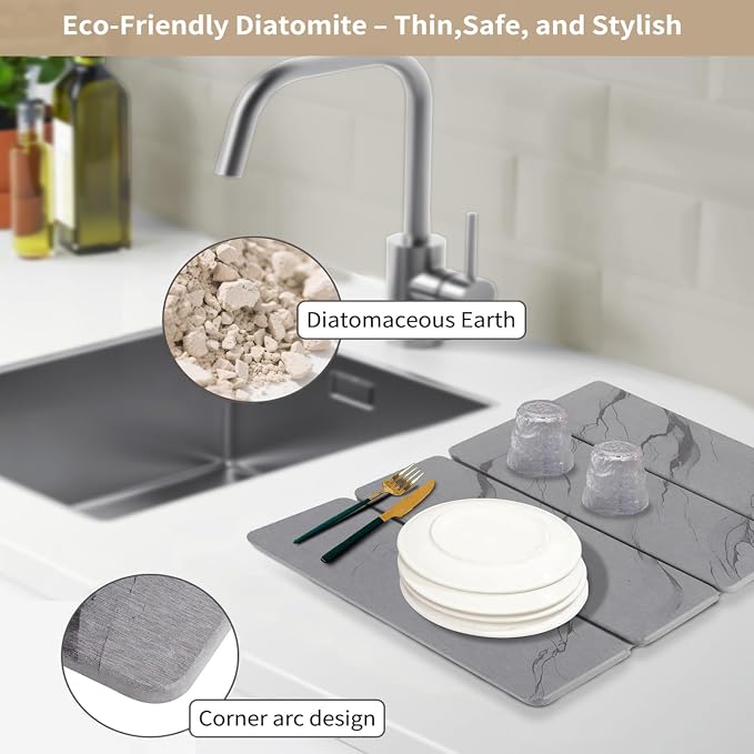 Large Stone Drying Mat for Kitchen Counter24"x16", Misty Gray, Diatomaceous - Image 3