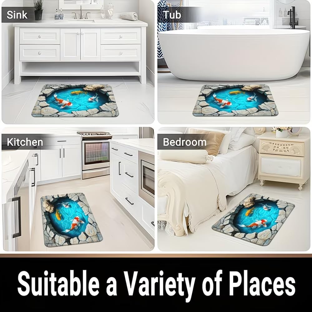 Anti-Slip Quick-Drying Bathroom Floor Mat –Koi Fish Flannel Polyester Rug, Machine Washable for Bathroom Bedroom Living Room Entrance,35.4''*23.6''