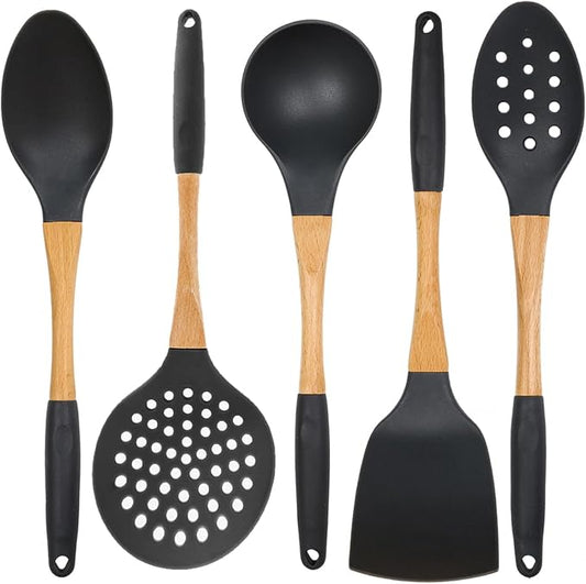 Beille 5pc Dark Grey Nylon Wooden Kitchen Utensils by BEILLE