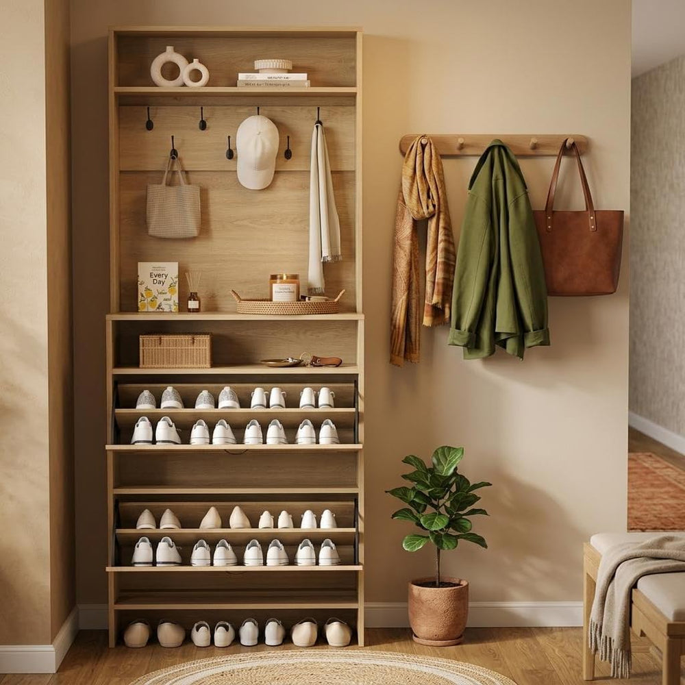 Garvee Shoe Cabinet with 2 Flip Drawers, 2-in-1 Hall Tree Shoe Storage Cabine...