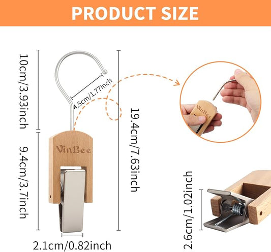 VinBee 6 PCS Hooks with Clips for Hanging, Wooden Laundry Hooks Hanging Clips - Image 2