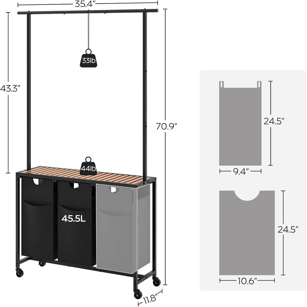 YATINEY Laundry Sorter 3 Section, Rolling Laundry Hamper with Hanging Rack, L...