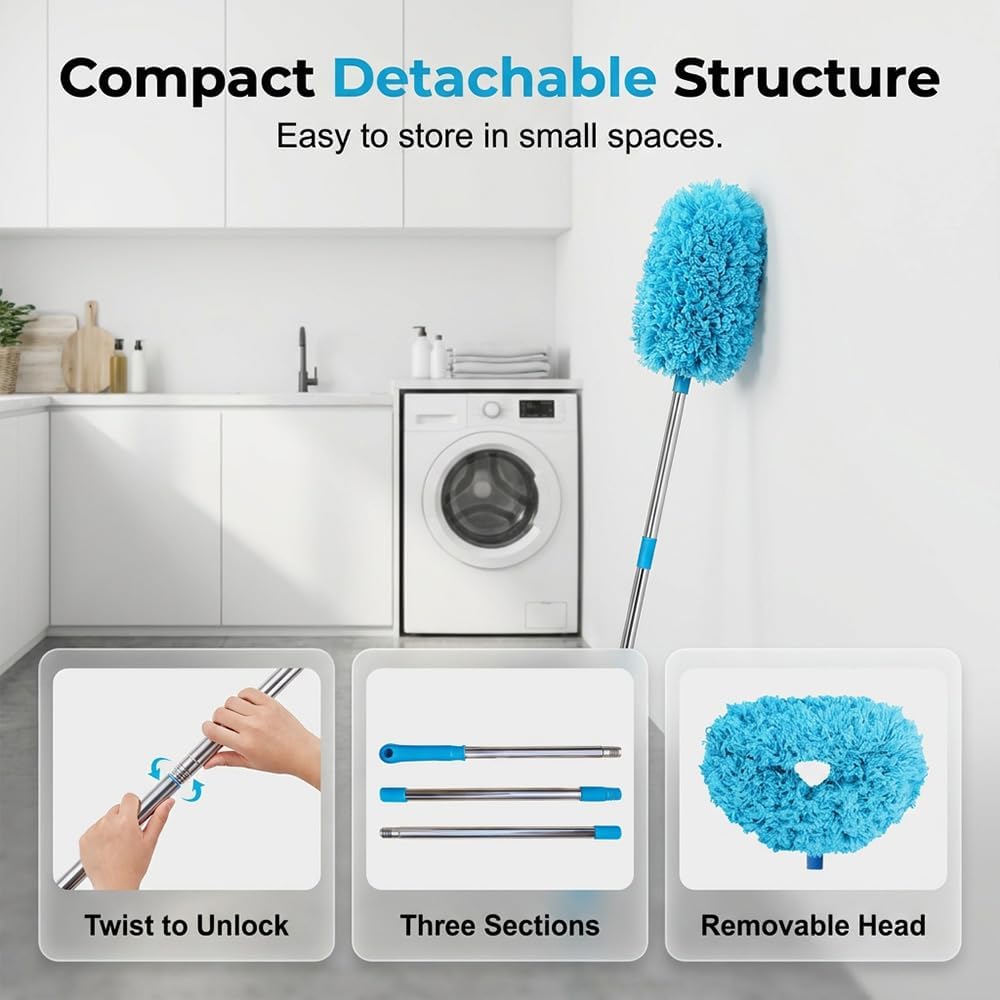 Ceiling Fan Cleaning Duster, 2026 Upgrade Telescopic 3 Section Pole Removable Head Multi Purpose Duster for Indoor Fan Wall Corner Shelf Window Dust Removal Daily Home Use