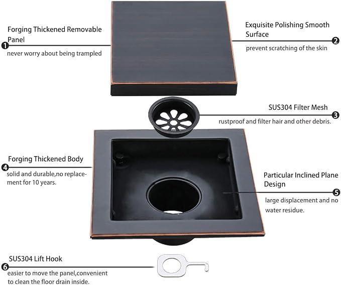 RANDOM Oil Rubbed Bronze Shower Drain Square 6 inch - Image 4