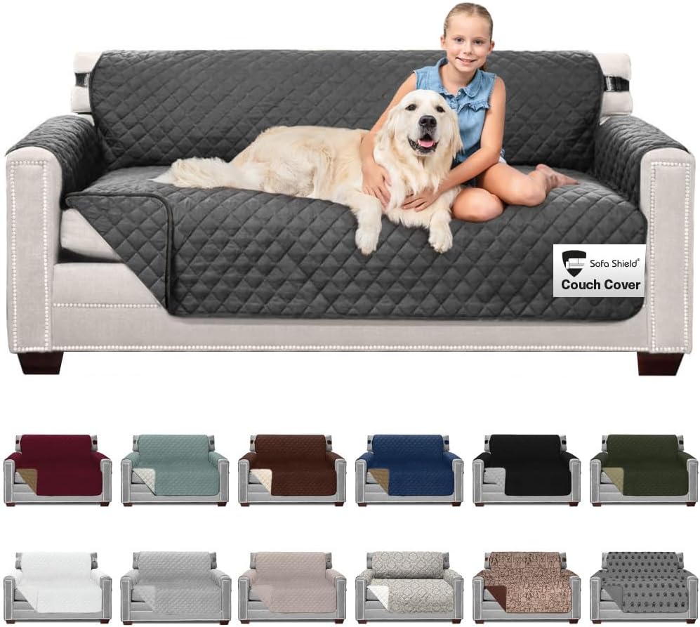 Sofa Shield® Couch Slip Covers for Dogs, Reversible Furniture Protector with Strap, Stain and Tear Resistant Cushion Cover, 70 inch Seat, Machine Washable Slipcover Dog Pets Cats, Charcoal