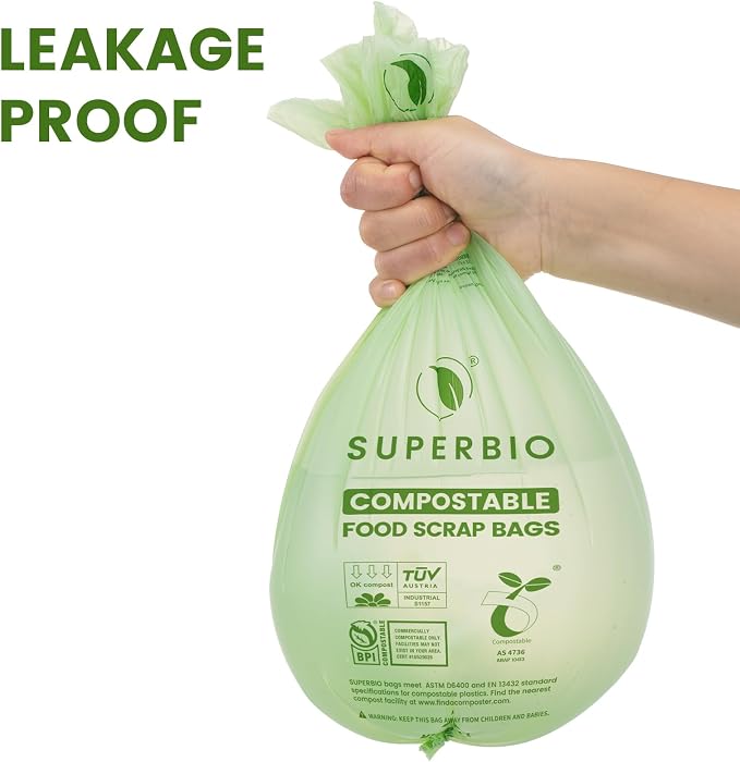 SUPERBIO 2.6 Gallon Flat Top Compostable Food Waste Bags, 2 Pack, Food Scrap - Image 4
