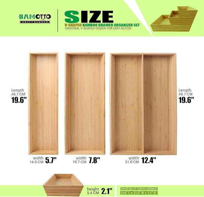 V-Shaped Bamboo Drawer Organizer Set of 3, Kitchen Large and Long Utensil Plate - Image 2