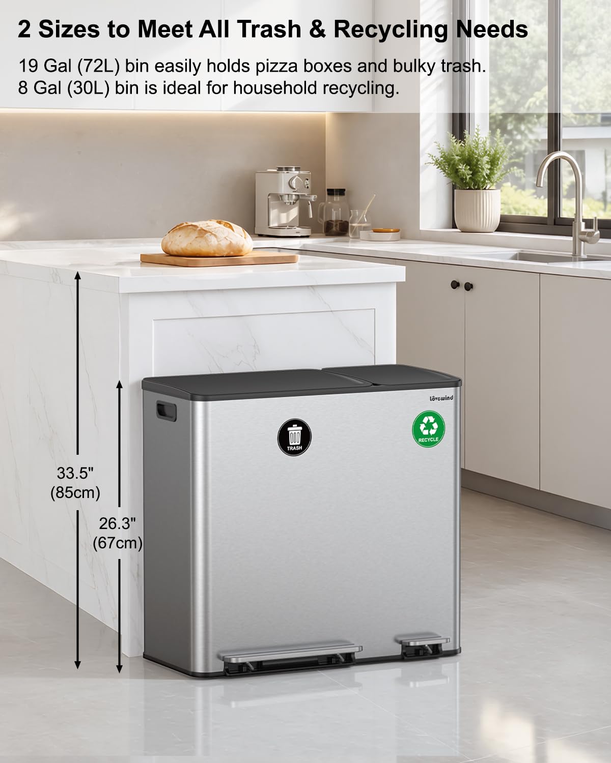 Dual Trash and Recycling Bins for Kitchen, 19+8 Gallon (72+30L) Stainless Steel Trash and Recycle Bin Combo with Soft-Close Lid, Large Garbage Cans for Kitchen Home with 2 Magnets Sticker, Silver