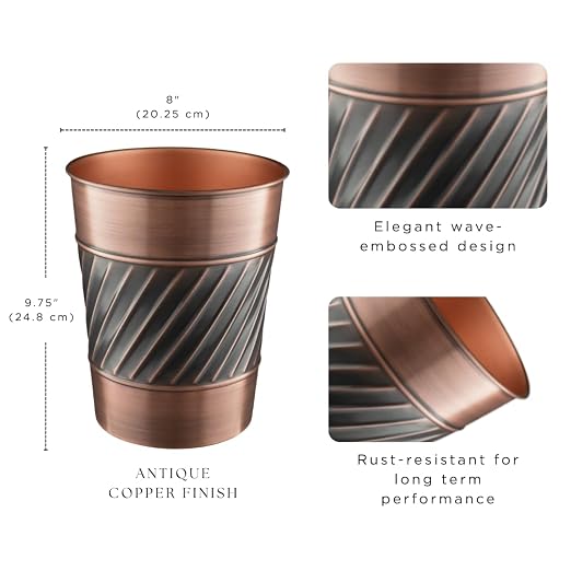 Monarch Abode Metal Wastebasket Trash Can, Handcrafted, Wave Embossed, Bathroom - Image 2