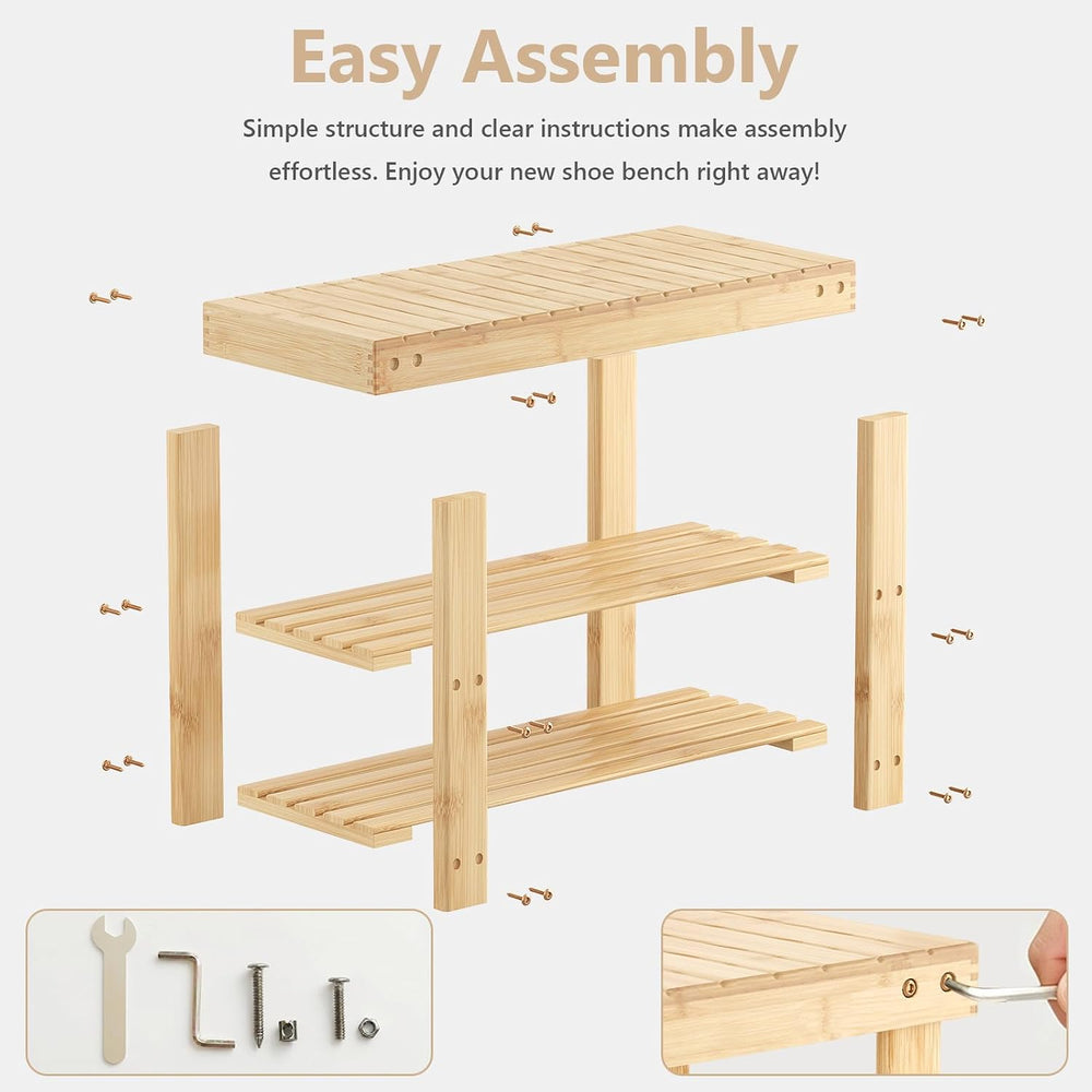 NEWBULIG Shoe Rack Bench, 3-Tier Bamboo Organizer, 11x28x18in, Wood