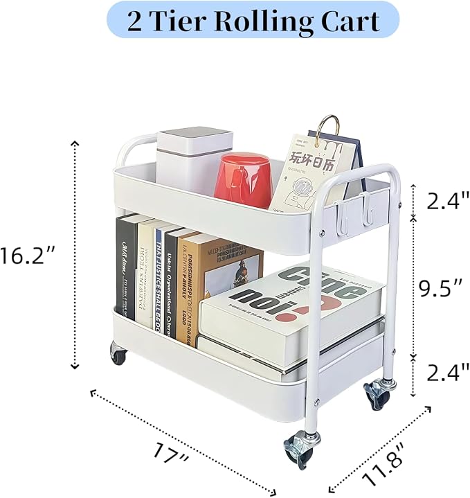 2 Tier Metal Rolling Cart with Wheels - Image 5