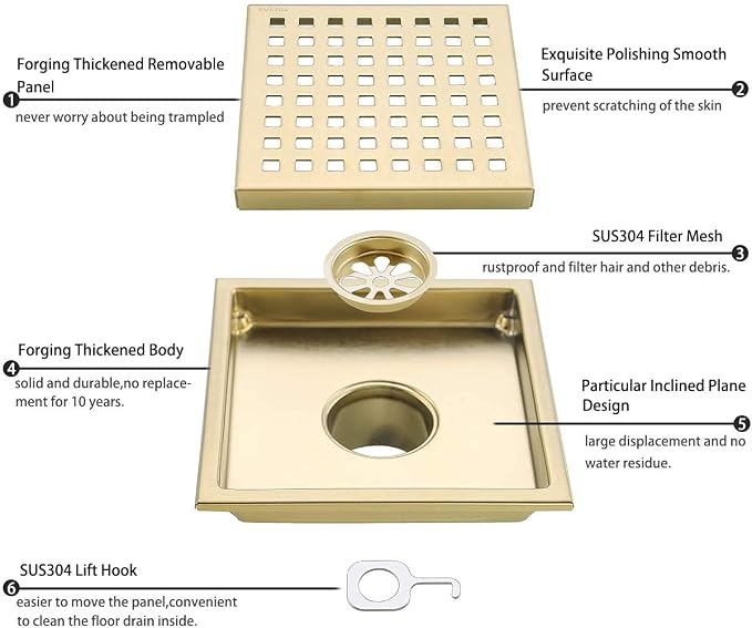 RANDOM Brushed Gold Shower Drain Square 6 Inch Shower Floor Drain - Image 4