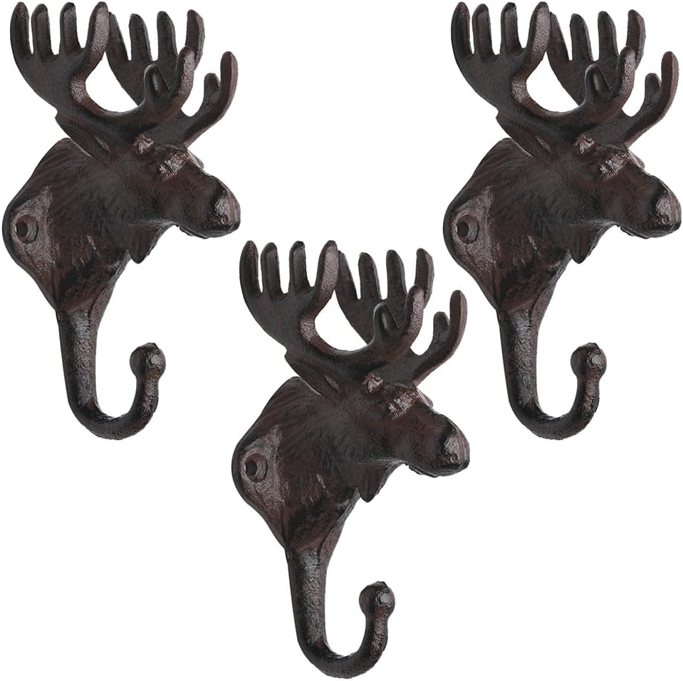 BRASSTAR 3PCS Cast Iron Deer Head Antlers Wall Hooks/Hanger