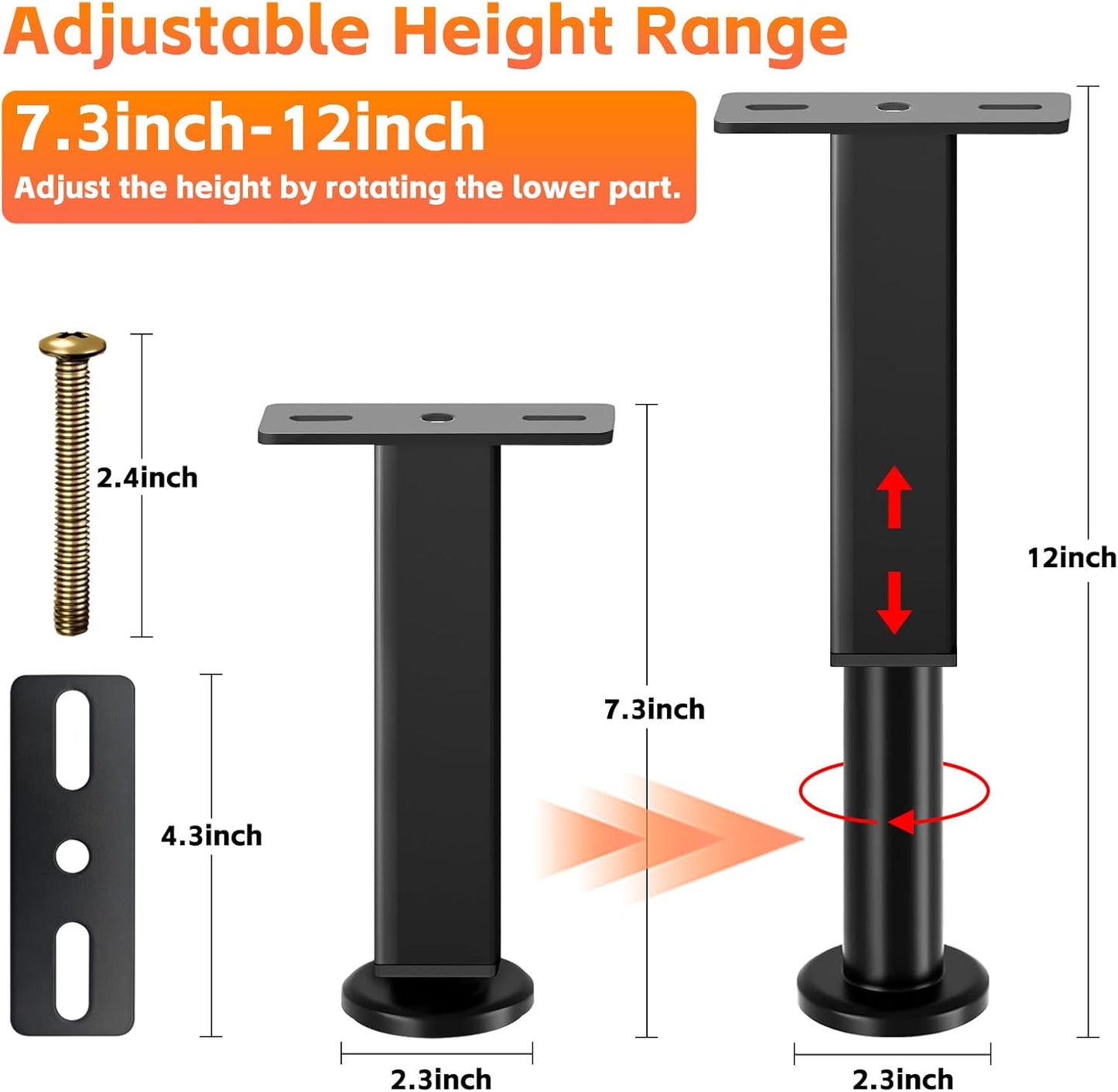 4PCS Adjustable Height Bed Support Legs, 7.3-12 In, Metal Heavy Bed Risers with Non-Slip Rubber Base, Replacement Furniture Feet for King Queen Frame Slats, Sofa, Couch, Cabinet, Dresser, Table